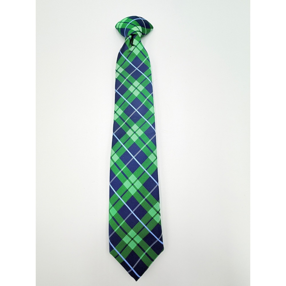 Chaps Green Navy Blue Plaid Clip-On Necktie‎ Polyester Tartan Check Uniform Tie